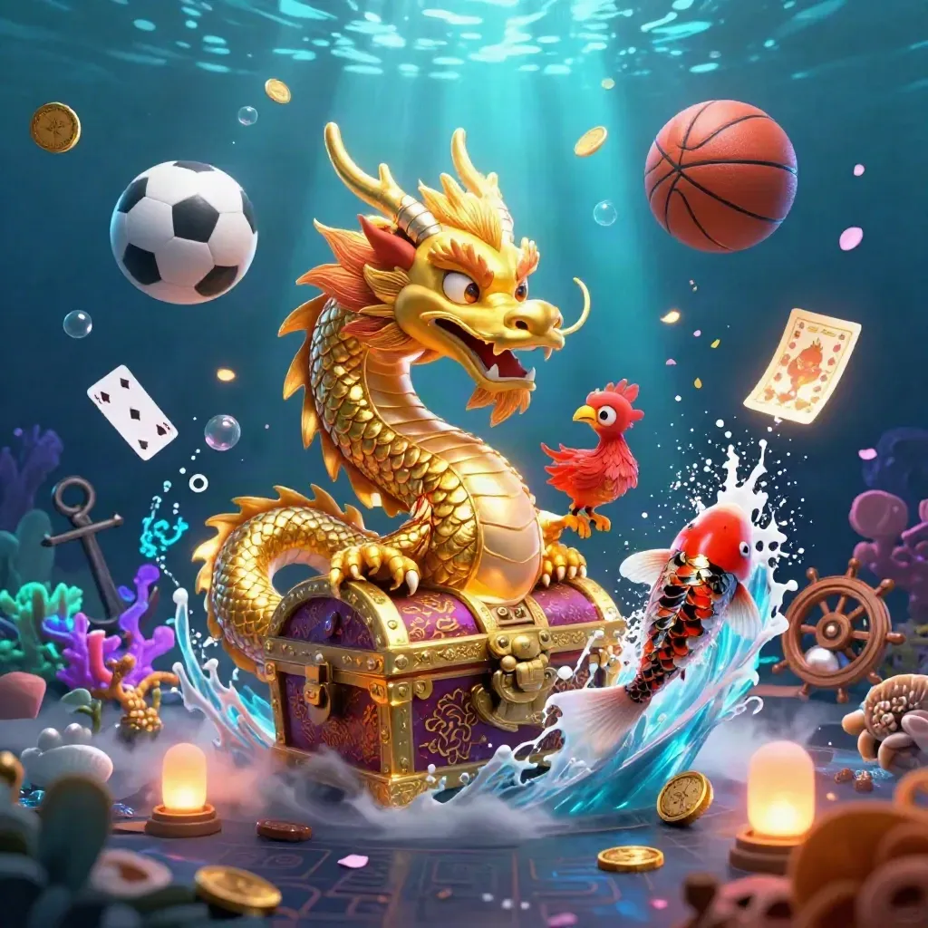 Golden dragon, phoenix and koi in a neon underwater treasure cove with sports balls and coins.