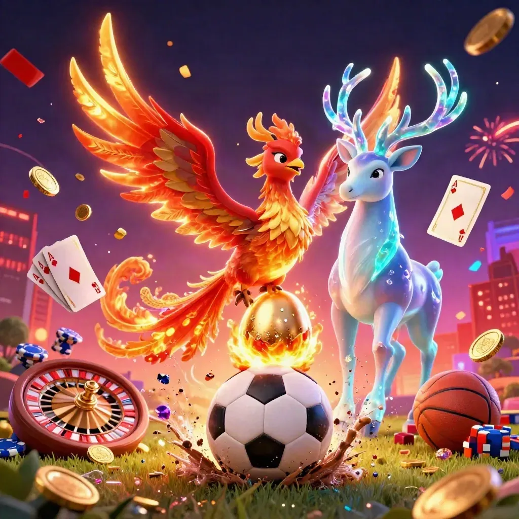 Phoenix, stag and casino icons erupt around a soccer ball at ground level.