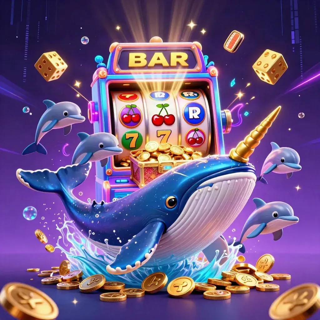 Whale captain, narwhal, and dolphins burst through coins with slot machine jackpots and neon energy