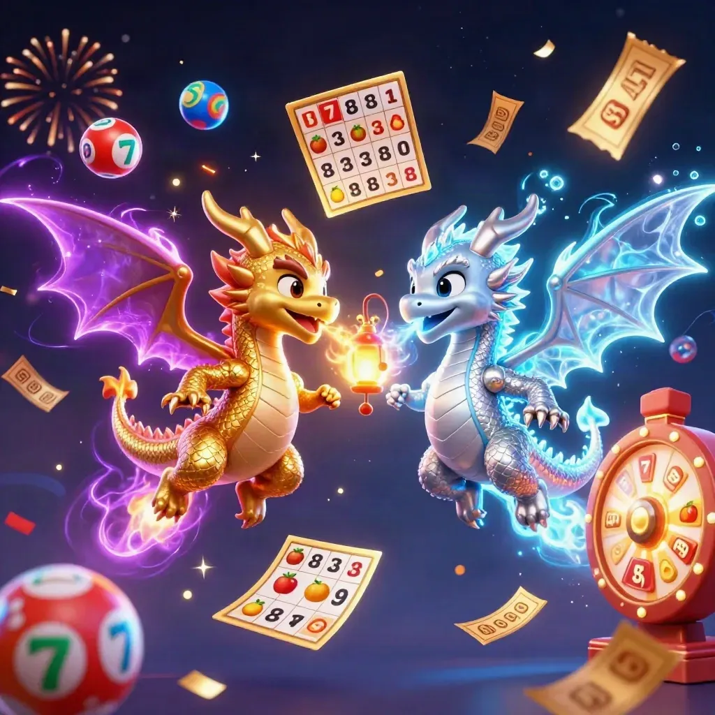 Twin gold and silver dragons spiral in fire-and-ice yin-yang with casino loot and neon sparks.