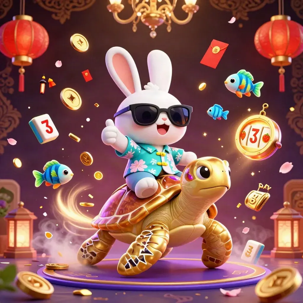 Lucky rabbit rides a jeweled turtle amid coins, lanterns, fireworks, and casino reels.
