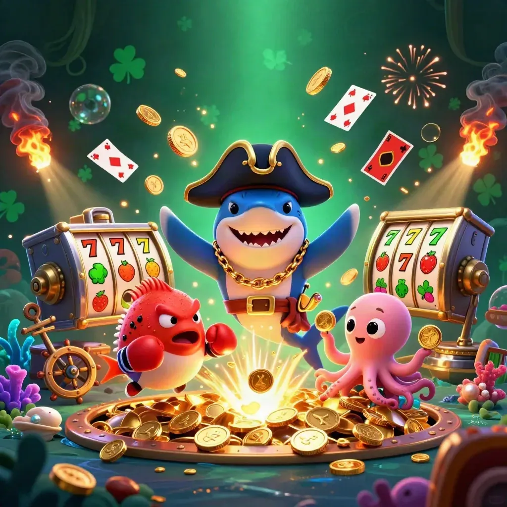 Pirate shark, pufferfish and octopus amid coins, coral, reels, and fireworks in a neon treasure cove.