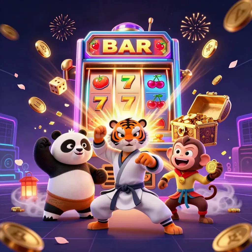 Tiger, panda, and monkey cheer as a slot machine erupts with gold, symbols, and neon fireworks.