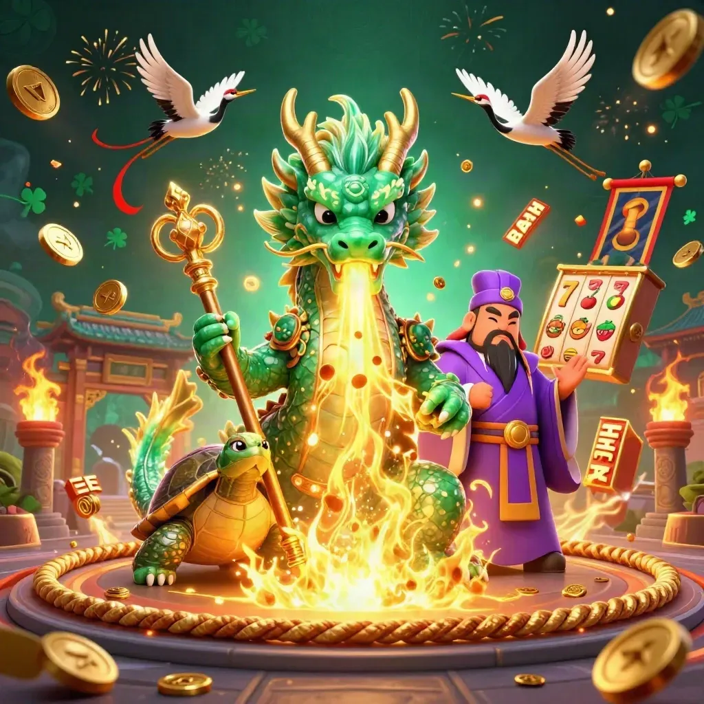 Dragon, turtle sage, and cranes amid coin burst, temple gate, reels, and fireworks.