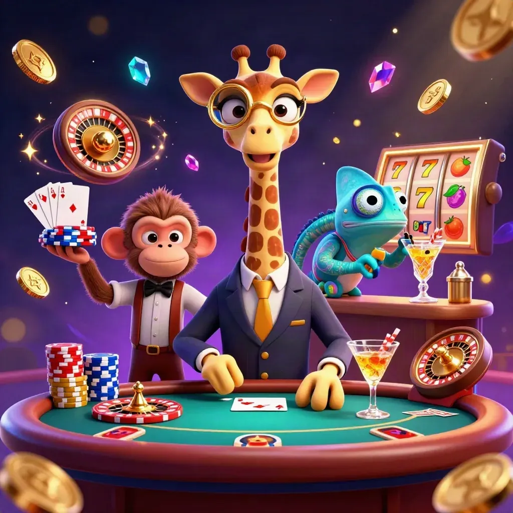 Giraffe, monkey, and chameleon casino heroes amid coins, chips, roulette, and neon slot effects.