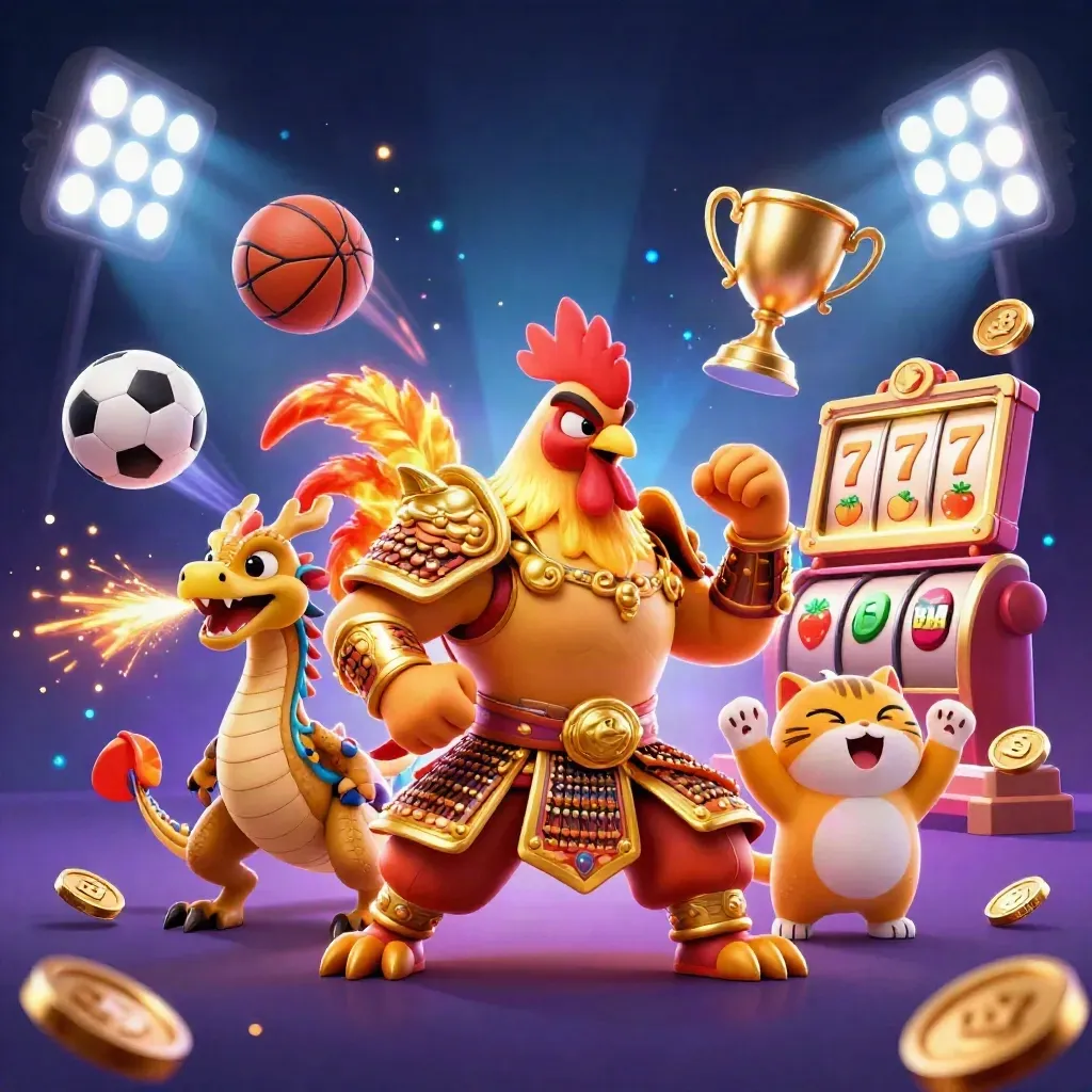 Rooster warrior, dragon hatchling, and fortune cat amid casino reels, coins, and neon sparks.